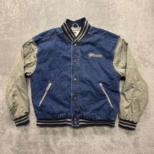 Crest Jacket Mens Large Blue Denim Varsity Western Engineering Logo Snap Front